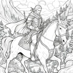 Fototapeta na wymiar a black and white illustration of a horseback scene from an original D D adventure for coloring. lineart. coloring book. intricate details. crisp lines. printable outline art. No fill. No shading.