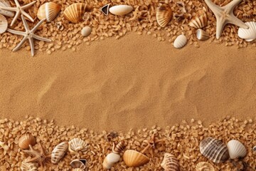Sea sand adorned with starfish and shells. In the top view, copy space. Generative AI