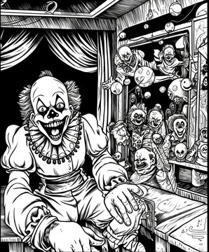 coloring book page, vintage comic book illustration style of an evil clown scene in a scary funhouse. © 200cosdk