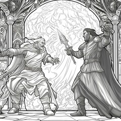 Fototapeta na wymiar a black and white illustration of a scene featuring a good cleric fighting an evil cleric from an original D D adventure for coloring. lineart. coloring book. intricate details. crisp lines. printable