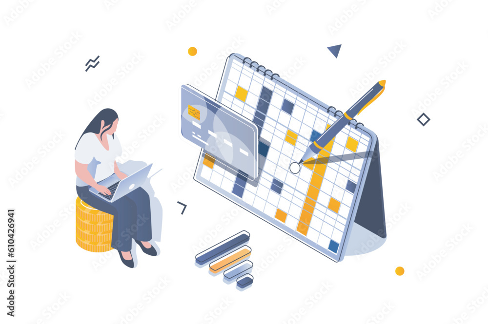 Aufkleber business marketing concept in 3d isometric design. woman working at laptop, planning dates in calend