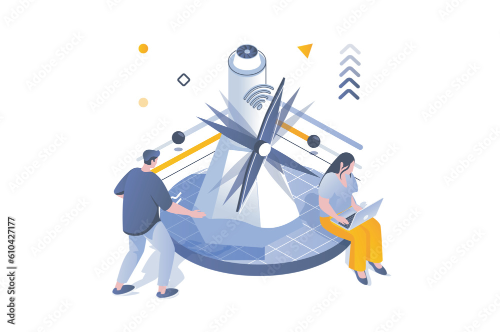 Poster eco lifestyle concept in 3d isometric design. wind turbines station for energy generation, sustainab
