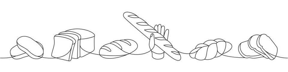Fresh breads one line continuous drawing. Wheat bread, braided bread, ciabatta, french baguette continuous one line illustration.