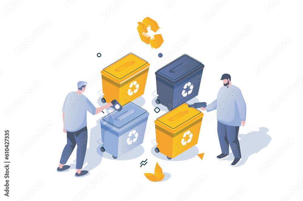 Fototapete eco lifestyle concept in 3d isometric design. separating trash into different bins and recycling gar