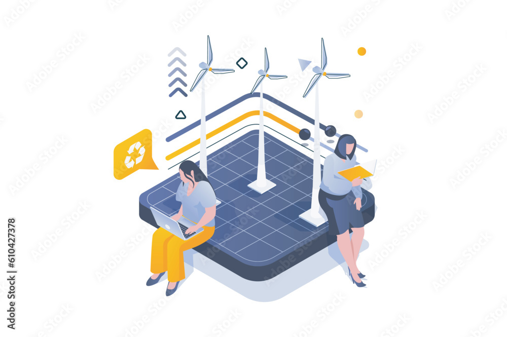 Leinwandbilder eco lifestyle concept in 3d isometric design. wind turbines station for energy generation and using 