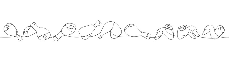 Different parts of chicken one line continuous drawing. Raw chicken meat parts continuous one line illustration. Vector minimalist linear illustration