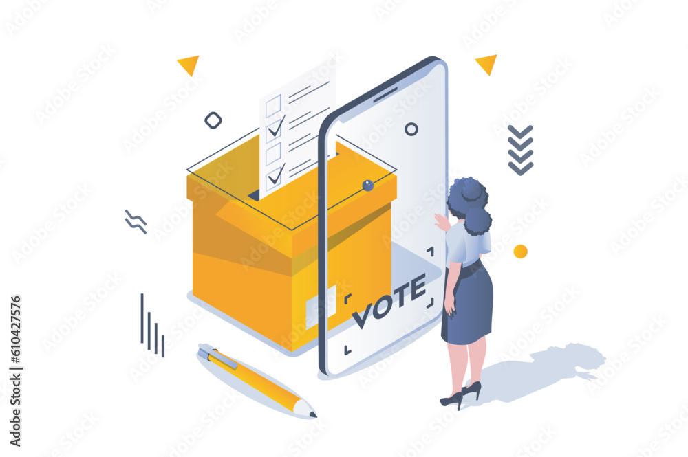 Aufkleber election and voting concept in 3d isometric design. woman voter chooses political candidate and put 