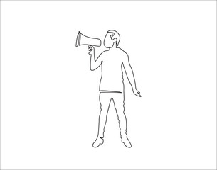 A line drawing happy boy shouting in loudspeaker 