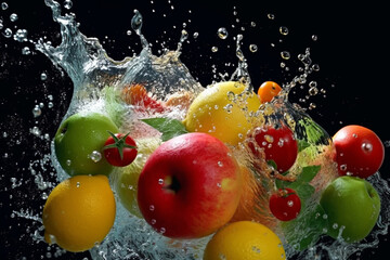 Fototapeta na wymiar Immersed in freshness, fruits and vegetables splash into clear water Generative AI