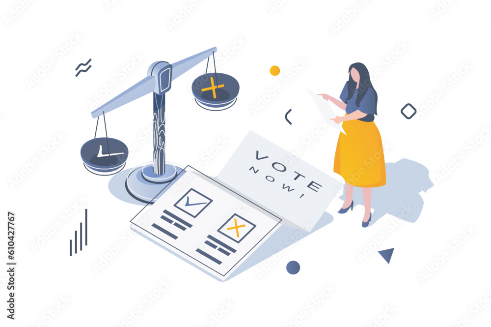 Aufkleber election and voting concept in 3d isometric design. woman makes decision and choices politician by v