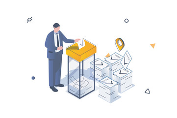 Election and voting concept in 3d isometric design. Man votes in democratic election and puts his ballot in box in confidential booth. Vector illustration with isometric people scene for web graphic
