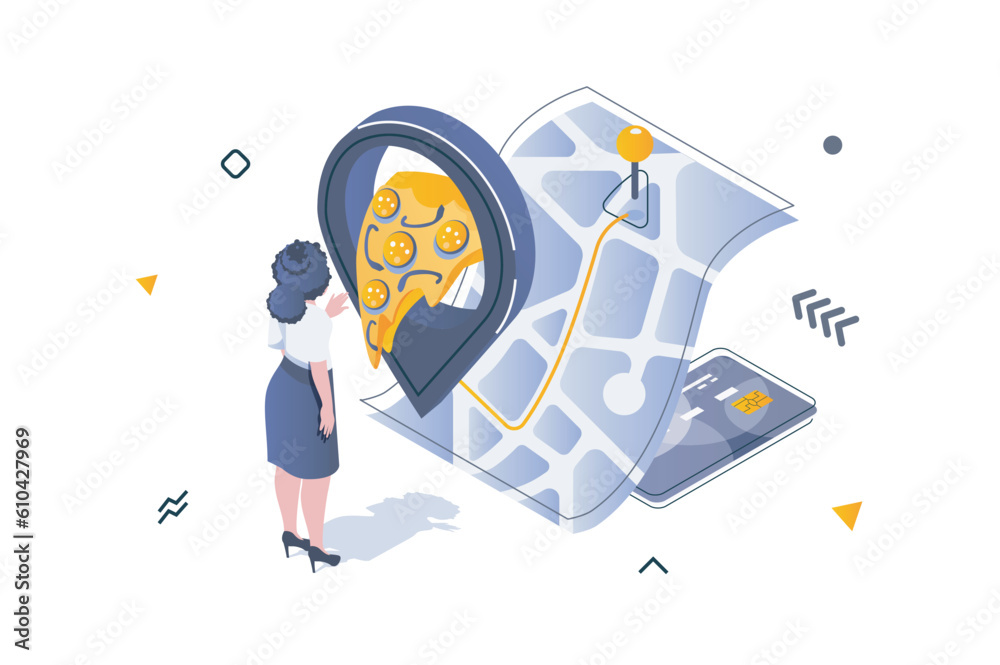 Poster food delivery concept in 3d isometric design. woman tracks her package with pizza order from restaur