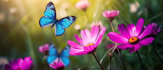 Naklejka na ściany i meble Blue butterflies flutter over magenta Cosmos flowers in spring summer in nature outdoors in sunlight, macro.