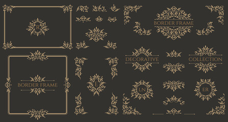 Set of decorative title borders, corners and monograms, frame.  Graphic design page. Ornamental pattern.