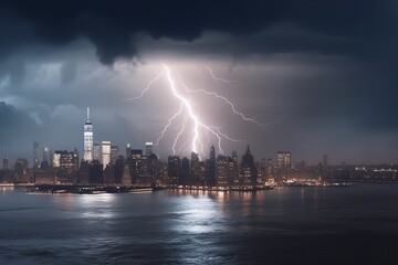 Naklejka na ściany i meble new york skyline in storm lightning and thunder , generative artificial intelligence 