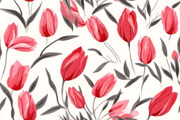 Fototapeta na wymiar Red tulips painting on white background, seamless pattern. Generative AI.