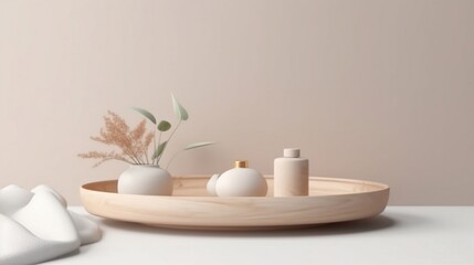Spa still life, Organic materials. Wooden tray. Cosmetic Display. Mockup, beige background. Created with generative ai.