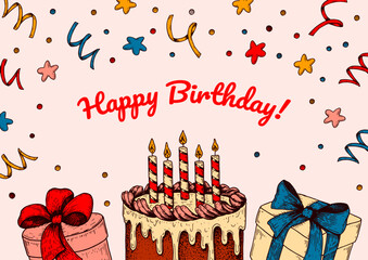 Birthday horizontal greeting card. Design with hand drawn elements. Celebration invitation  template. Vector illustration in sketch style. Festive kids colorful poster