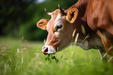 Brown cow eating grass in the field. Agriculture and farming concept. Generative AI.