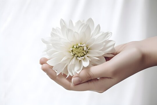 Fototapeta Woman's hand holding a white flower on white background. Generative AI.