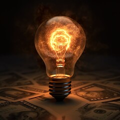Rising energy costs. Light bulb on top of a stack of Banknotes. Generative AI