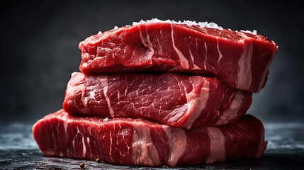 Raw Steak on a Stone seasoned with coarse Sea Salt. Generative AI