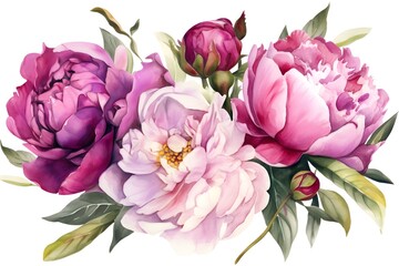 Watercolor painting of beautiful blooming peonies close up on white background. Generative AI.