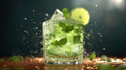 Fresh and delicious Cocktail with Lime, Rum, Mint and Ice. Generative AI