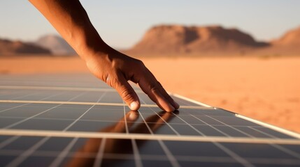 Hand touches high efficiency solar cells, the most sustainable energy of the future. Generative AI - obrazy, fototapety, plakaty