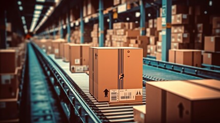 Efficient operations in a warehouse. Packages are transported by a conveyor belt. Generative AI