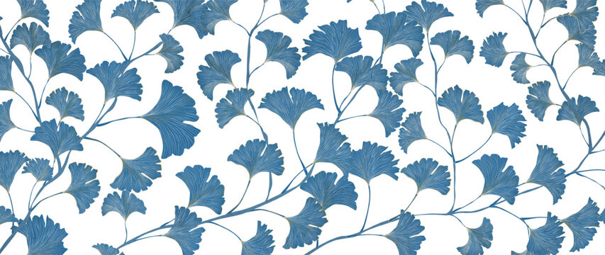 Botanical art background with blue ginkgo leaves with hand drawn art line elements. Vector banner with exotic plants for decor, print, wallpaper, interior design, poster.