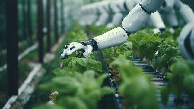 Modern robot with artificial intelligence nurtures organic plants in an urban greenhouse, a concept for the intelligent agriculture of the future. Generative AI