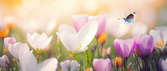Cheerful colorful spring floral background with crocus flowers and white butterfly on bright sunny day. Spring nature scene