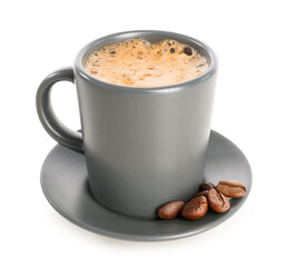 Cup of delicious espresso, coffee beans and saucer on white background