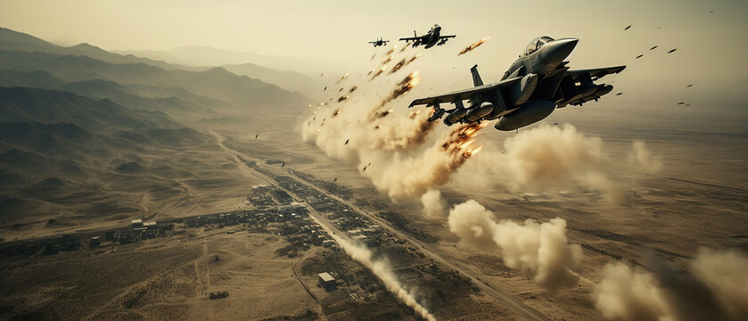 Planes flying in sky, military aviation. Created using Generative AI technology.