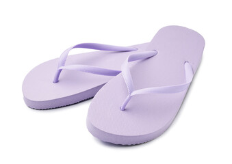 Pair of stylish lilac flip-flops on white background