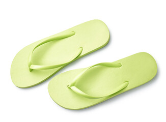 Pair of stylish green flip-flops on white background