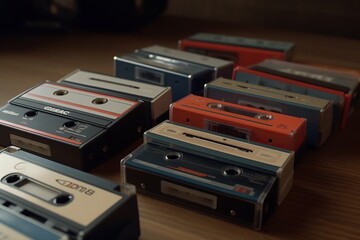 Obraz premium cassette track tapes as Simple Flatlays photorealistic, generative artificial intelligence 