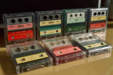 Fototapeta premium cassette track tapes as Simple Flatlays photorealistic, generative artificial intelligence 