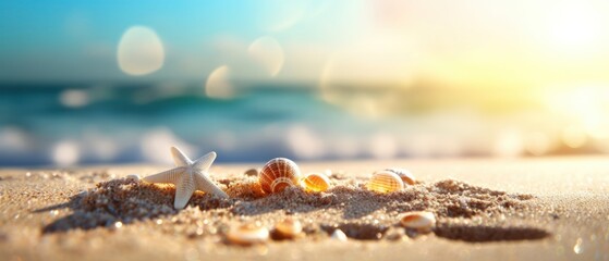 Obraz na płótnie Canvas Tropical summer sand beach and bokeh sun light on sea background. Generative AI