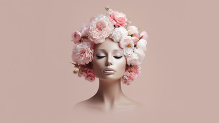 Fashion model with a hairstyle made of flowers created with generative AI technology