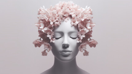 Fashion model with a hairstyle made of flowers created with generative AI technology