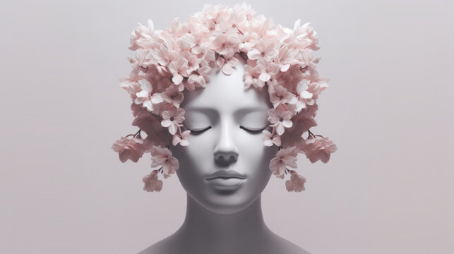Fashion model with a hairstyle made of flowers created with generative AI technology