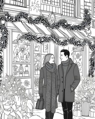 Fototapeta na wymiar hallmark Christmas movie couple in a Christmas scene. Black and white coloring page. finely detailed. No fill.
