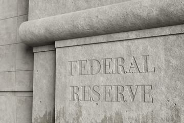 Retro style concrete wall engraved with the word FEDERAL RESERVE. Illustration of the concept of the issues and affairs related to federal reserve. - obrazy, fototapety, plakaty