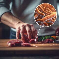 Concept of food poisoning, on the first plan raw meat on a cutting board close up Generative AI - obrazy, fototapety, plakaty