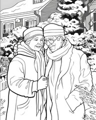 Fototapeta na wymiar coloring page of a realistic hallmark Christmas movie elderly couple in a Christmas scene. Black and white. No fill.
