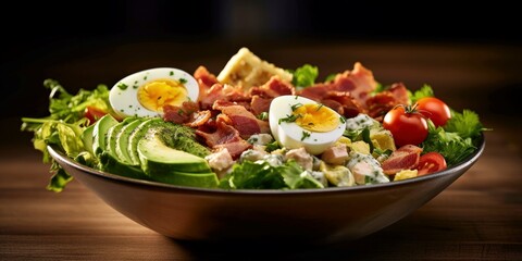 chicken cobb salad with blue cheese, bacon, eggs and avocado on plate created with generative AI