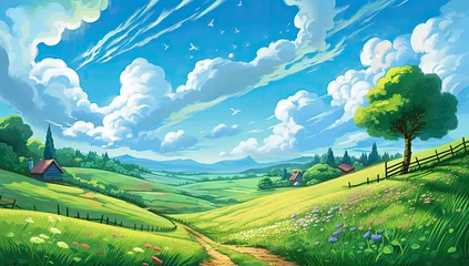 Gardinen A beautiful landscape with hills and clouds, flat style cartoon painting illustration © Photo And Art Panda