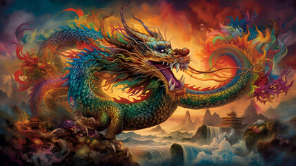 Mystical Chinese dragon stands tall over a landscape featuring temples and a roaring waterfall, Generative AI